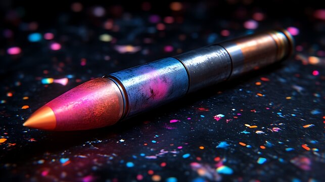 Futuristic, colorful bullet on a dark surface