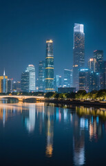 Obraz premium Modern City Skyline with Illuminated Skyscrapers Reflected on River