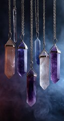 Colorful gemstone pendants hanging on chains.