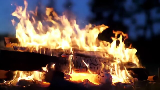 Mesmerizing bonfire glows in the dark, vibrant flames vectoring upwards, as bright sparks gracefully fly into the night sky. The captivating warmth creates a powerful, freely flying essence