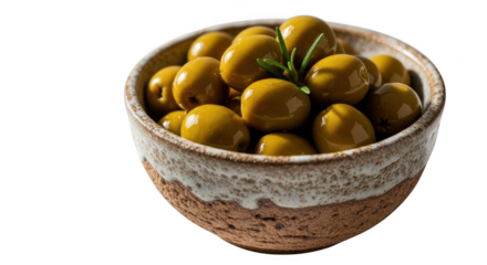 Bowl of green olives with rosemary isolated on transparent background