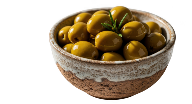Bowl of green olives with rosemary isolated on transparent background - Powered by Adobe