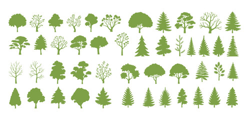 Various green tree silhouettes showcase different shapes and sizes against a white background, transparent