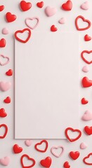 A blank white paper card is framed by scattered red and pale pink hearts, creating a lovely and romantic visual.