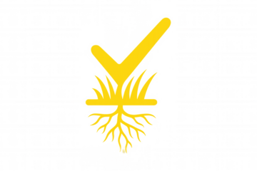 Yellow check mark on healthy grass and roots showing quality growth and approved organic agriculture production