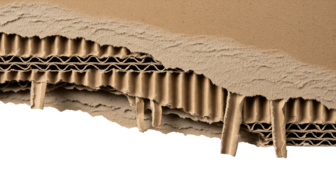 Torn Brown Corrugated Cardboard Texture with Visible Fluting and Layered Structure.