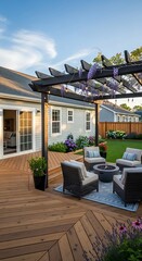 A charming backyard retreat features a pergola with wisteria, a fire pit, and a beautiful wood deck.
