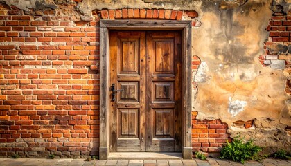 赤レンガに囲まれた高画質な古びた木のドア