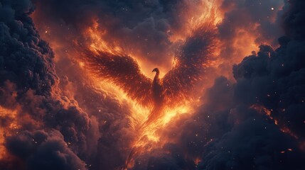 Fiery Phoenix Rising from Embers: A Digital Painting