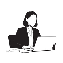 Black and white line art of a beautiful successful career woman working at desk with laptop illustration