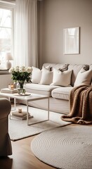 A cozy living room interior featuring a neutral color palette and a round rug.