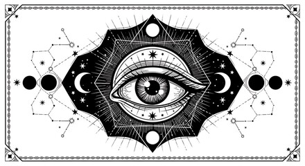 Obraz premium Intricate, black and white illustration of an all-seeing eye, surrounded by celestial imagery and geometric patterns.