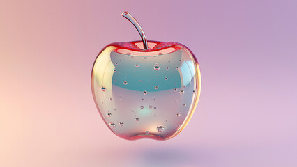 Juicy Iridescent rainbow pink and red crystal glass apple with floating bubbles dreamy shiny texture transformation background
