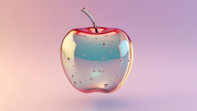Juicy Iridescent rainbow pink and red crystal glass apple with floating bubbles dreamy shiny texture transformation background
