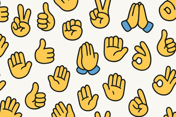 Colorful Hand Gesture Pattern with Peace Sign Thumbs Up and Prayer Hands in Bright Yellow on White Background