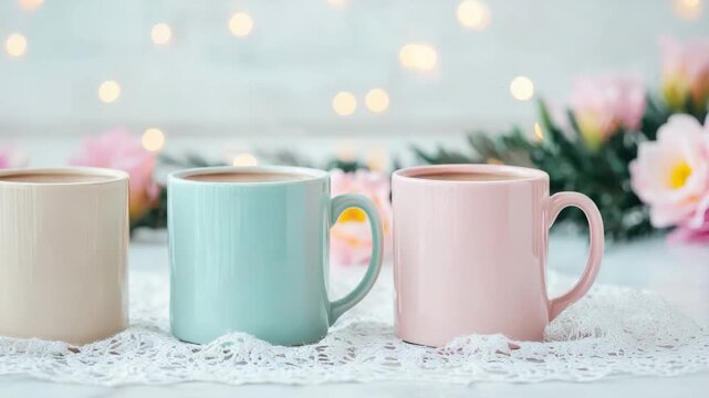 Vibrant pastel mugs filled with coffee on a lace doily against a blurred floral background with warm bokeh lights 4k video footage