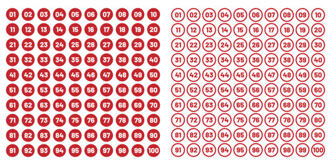 Numbers 1 - 100 - Black Circle , Inner White Border with White Numbers. eps 10