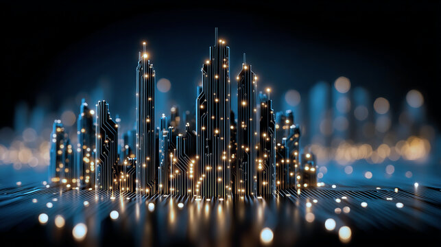 Futuristic City Skyline, Digital Circuit Board Metropolis, Smart City Technology Infrastructure