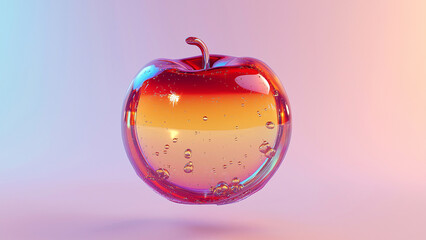 Juicy pink and red crystal glass apple with floating bubbles dreamy shiny texture transformation background
