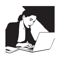 Black and white line art of a beautiful successful career woman working at desk with laptop illustration