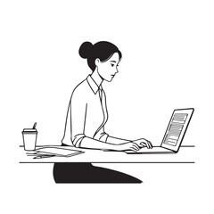 Black and white line art of a beautiful successful career woman working at desk with laptop illustration