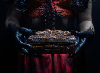 Witch's hands with claws holding a wooden magic box or dybbuk box. Halloween and horror concept.