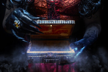 Witch's hands with claws opening cursed dybbuk wooden box with copy space. Halloween and horror...