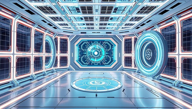 "Futuristic holodeck room concept, glowing grid walls, sci-fi style, isolated on white background, PNG cutout."