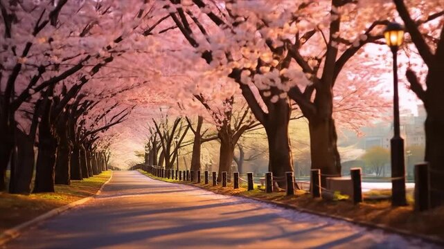 桜並木、満開の桜と公園の散歩道の風景動画