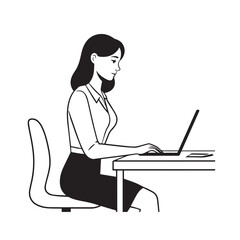 Black and white line art of a beautiful successful career woman working at desk with laptop illustration
