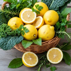 A vibrant display of fresh lemons and herbs in a woven basket, showcasing a bright and healthy composition.