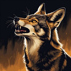A cunning coyote mid-howl, fur shaded in black and dark tan