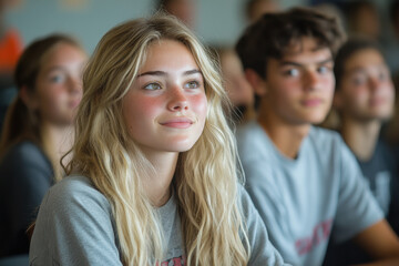 Obraz premium Young girl with long blonde hair and blue eyes sitting in a classroom.