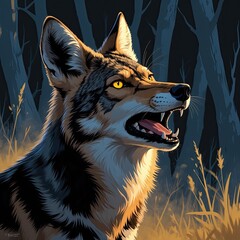 A cunning coyote mid-howl, fur shaded in black and dark tan