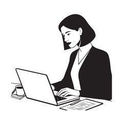 Black and white line art of a beautiful successful career woman working at desk with laptop illustration
