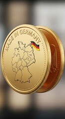 A detailed, golden coin depicting the map of Germany, along with the national flag, is presented in a creative 3D rendering.