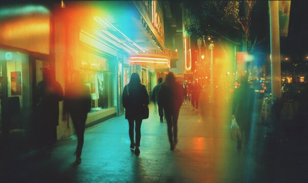 Vibrant City Nightscape - People Walking Under Colorful Lights.