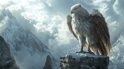 6. A massive griffin perches on an ancient stone ruin high in the snowy Alps.
