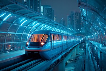 Fototapeta premium Futuristic metro train at night in illuminated station