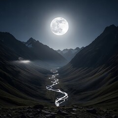 A winding river meanders through a moonlit mountain valley, bathed in the soft glow of a large, bright moon.