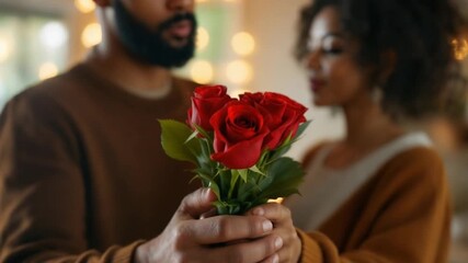 Affectionate man giving beautiful red roses to a smiling woman during a romantic date night - Powered by Adobe