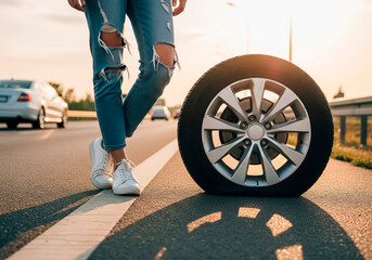 woman standing on the road next to her car with a flat tire