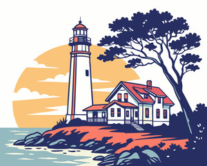 Lighthouse by sea silhouette illustration isolated on white background