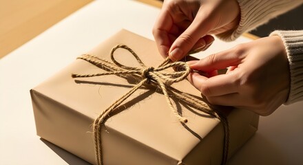 Close-up of someone's hands tying a natural twine bow on a brown paper wrapped gift, suggesting a theme of handmade, personal, and eco-friendly gifting for holidays or special occasions.