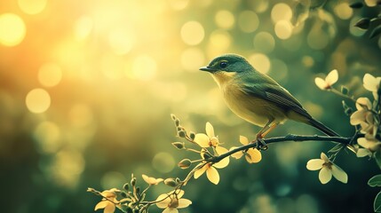 A beautiful bird in its flowered natural perch. Neutral lighting. Lusu green bokeh background -