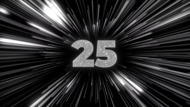 Glamorous 30 second countdown with silver glitter numbers and sparkling particles. Abstract animation with dynamic white light streaks on a black background, ideal for events or New Year's Eve.