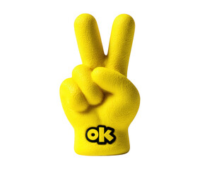 Yellow hand peace sign ok gesture isolated on transparency background, foam glove style, cheerful and playful symbol, positive emotion, object for event or mascot use
