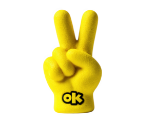 Yellow hand peace sign ok gesture isolated on transparency background, foam glove style, cheerful and playful symbol, positive emotion, object for event or mascot use