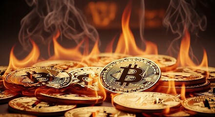 Golden bitcoin coins engulfed in flames, symbolizing the volatile nature of cryptocurrency.