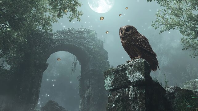 A brown owl perches on a weathered stone archway deep in a foggy forest.